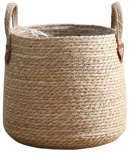 Panier À Plantes avec Doublure - Pot De Fleurs Tissé De 10,2 Pouces De Diamètre en Osier Naturel avec Poignée - Pour Plantes D'intérieur
