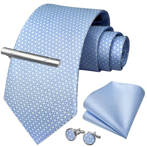 HISDERN Herren Hochzeit Krawatten und Einstecktuch Krawatte Plaid Manschettenknöpfe-Krawattenklammer-Set