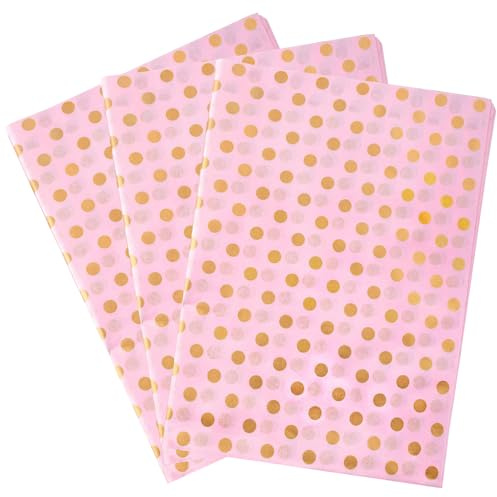 Jwssor Seidenpapier mit Punkten, Rosa, Gold, 50,8 x 35,6 cm, Geschenkpapier für Geschenktüten, Hochzeit, Geburtstag, Babyparty, Basteln, 20 Blatt