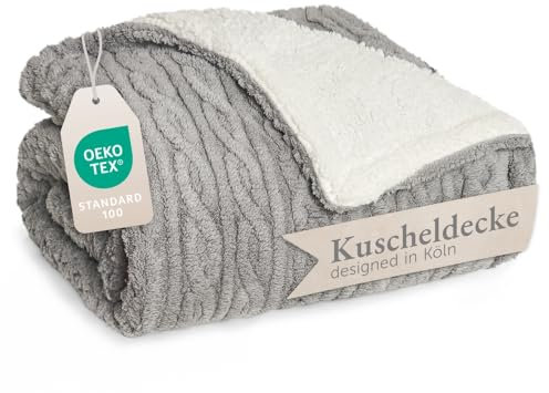 Blumtal coperta pile plaid 150x200 cm con disegno a treccia - coperta divano invernale con certificato OEKO-TEX - coperta pile in microfibra - morbida coperta sherpa sul rovescio - pleid grigio/bianco