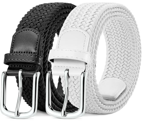 MATLAB 2 Pièces Ceinture Hommes Tressée Élastique Ceinture Stretch Belt en Tissu Élastique Pour Hommes et Femmes Largeur 3.3cm Noir et Blanc 120 cm