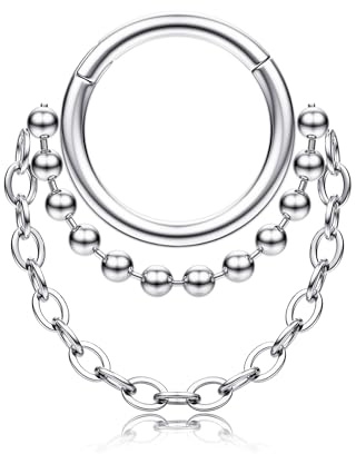 316L Stainless Steel 16G Septum Nose Ring Hoop Daith Conch Piercing Jewelry | 14K Gold Plated Clicker Dangle Cartilage Tragus Chain Piercing Jewelry für Frauen Männer, Inner Diameter 8/10mm