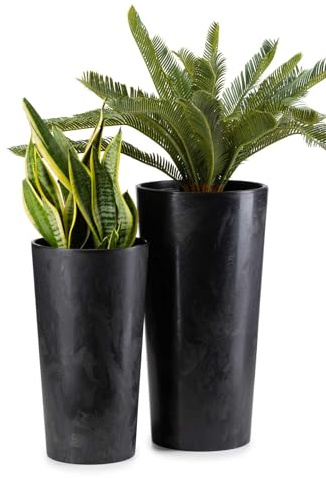 HowHomely 2 x blomkrukor stor med blomkruka insats | mörk betong-utseende, planteringskruka stor för dekoration vardagsrum eller trädgård | set med 2 blomkrukor (30 x h 57 cm och 25 x h46)