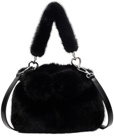 CORIOS Damen Plüsch Schultertasche Niedlich Flauschige Handtasche Flauschige Tasche Klein Henkeltaschen Einkaufstaschen Leichte Tragetasche Umhängetasche Mode Reisen Büro Tote Beutel Schwarz