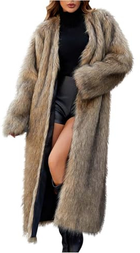 Fluffy Jacket Ladies Open Front Fur Coats Womens Faux Fur Coat Long Elegant Artificial Fur Overcoat Winter Long Sleeve Jacket Outwear Plush Warm Cardigan Thicken Parka Coat UK Clearance Trench Coats