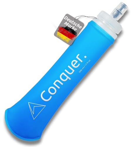 Conquer. Faltbare Trinkflasche 500ml – Soft Flask für Trailrunning | BPA-frei, High-Flow Bissventil, 38mm Weithals, faltbar – für Marathon, Longruns & Laufweste