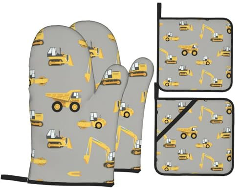 Guanti Da Forno E Presine Da Cucina Set, Construction Trucks Stylish Presine Da Cucina Resistenti Al Calore Guanti Da Cucina Professionale Guanti Da Forno Per Cottura Natale Grill