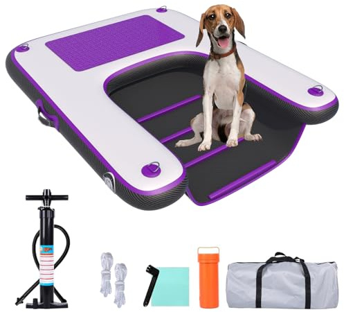 HEYLIFE Uppblåsbar hundramp flytande brygga vattenflotte stege för pool upp till 100 kg lila 1,4 m x 0,9 m x 10,16 cm