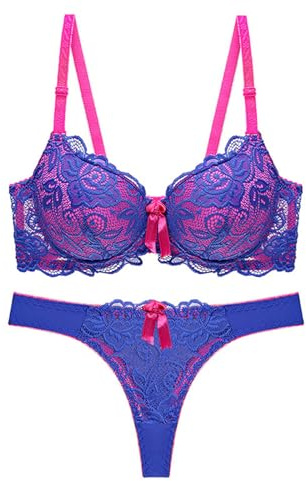 2 Pièces ensemble soutien gorge string en dentelle Soutien-Gorge avec Armatures push up strings et tangas grande taille sous vêtements femme sexy chic Lingerie Set Élégant et Charmant (Blue, 90B)