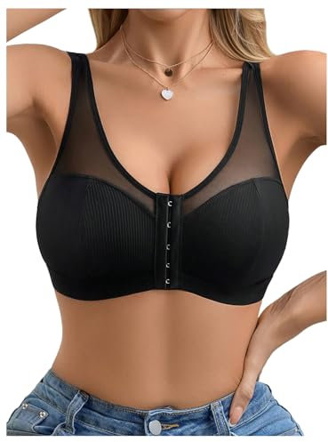 GORGLITTER Women's Wireless Front Fastening Bras No Underwire Mesh Sheer Bralette Wire Free Everyday Bra Black Large