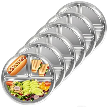 Sprigold Lot de 6 assiettes rondes divisées en acier inoxydable 304 de 23 cm, idéales pour les enfants, les adultes, plateau à déjeuner, plateau de nourriture de camping, passe au lave-vaisselle (6)