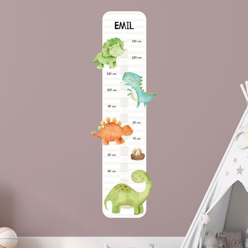 Personalisierte Messlatte Kinder Dinosaurier – mit Namen – 50-150 cm – Deko fürs Kinderzimmer – Wandtattoo ohne PVC – Wachstumstabelle Baby & Kind – Geschenk zur Geburt oder Taufe