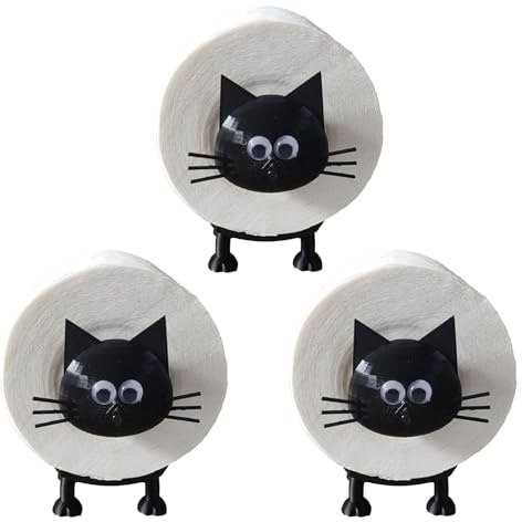 3D Printed Cat Toilet Roll Holder,Free Standing Funny Bathroom Set of 3,Black Loo Roll Storage with Quirky Animal Design,Cute and Funky Tissue Paper Stand for Toilet Bathroom Kitchen Decor (Cat)