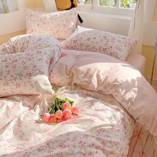 Freyamy Housse de Couette 200x200 Rose Feuilles Floral Parure de lit 2 Personne en Microfibre avec Fermeture Éclair Réversible Linge de Lit Fleurie avec 2 Taie d'oreiller 65 x 65 pour Filles Femmes