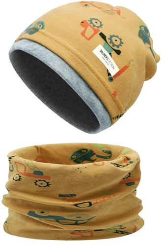 Enwokran Kinder-Mützenset und Loop-Schal Set, Herbst-Wintermütze und Schal-Set, Doppellagige Kontrastfarbene Flormütze für Herbst, Winter, Frühling Mädchen Jungen 3-8 Jahren