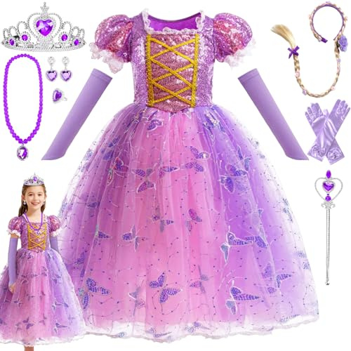 MKAKYES Costume da Principessa Rapunzel per Bambina, Vestito Rapunzel Bambina, con Corona Bacchetta Magica, Vestito Principessa per Feste di Compleanno Natale Halloween Carnevale Cosplay, 110CM