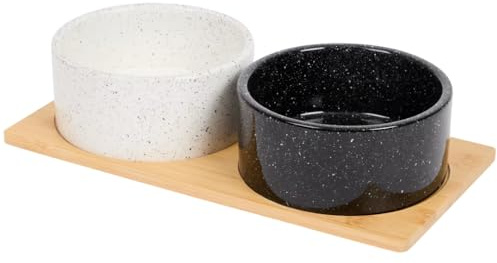 SET 2 PZ Ciotole Legno Bambu' e Ceramica Rialzate, Ciotola Cane Gatto Supporto in Bamboo, Doppia Cani Gatti Rialzata, Scodelle Cibo e Acqua, Taglia PICCOLA MEDIA, Bianco o Nero (BLACK & WHITE)