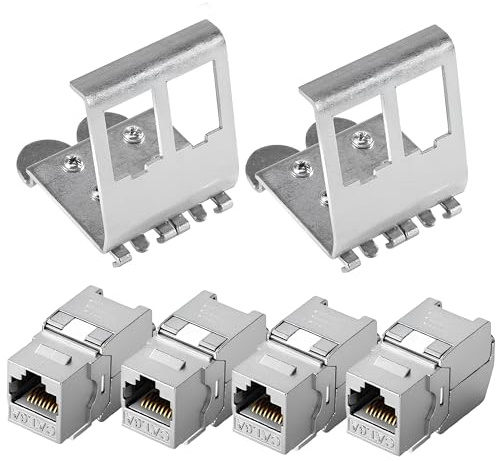 4X 10Gbps CAT 7 Keystone Jack Modul mit 2x 2-Port Hutschienenadapter, Werkzeuglos LSA Metall Hutschienenadapter Keystone Halterung Ethernet LAN Netzwerk Switch für 35mm Hutschienen