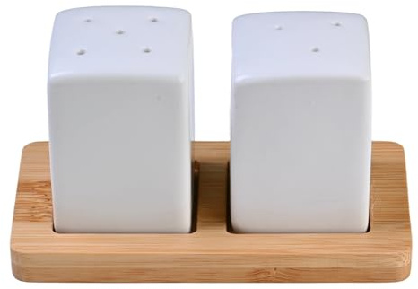 Keramik Salz- und Pfefferstreuer Set mit Tablett, Gewürzstreuer Küchenzubehör mit Zahnstocherhalter, Gewürzbehälter mit Zahnstocherspender für Küche & Esstisch, Nachfüllbar, Modernes Design (Weiß)