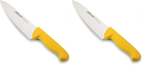 Arcos Cuchillo Chef con Hoja Acero Inoxidable Nitrum 200 mm. Cuchillo cocina profesional multipropósito. Mango ergonómico polipropileno. Serie 2900. Color amarillo. (Paquete de 2)