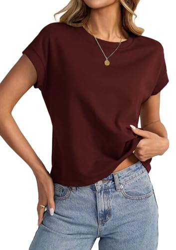 Womens Cap Sleeve T Shirts Crewneck Loose Fit Crop Tops 2026 Summer Casual Tee Fashion Trendy Clothes Maroon