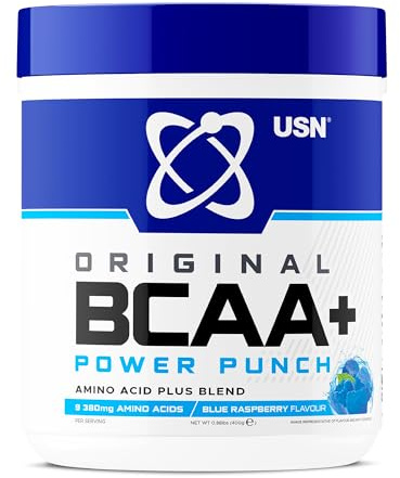 USN Power Punch BCAA Amino Acids Powder, Blue Raspberry Flavour - 400g, Vegan BCAA Powder, Vitamin B6 & No Sugar, Pre Workout & Intra Workout Energy Drink & Dietary Supplement to Maximise Performance