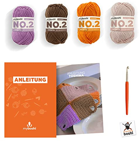 myboshi Häkelset Topflappen Toshima, inkl. No.2 Wolle, Nadel und Anleitung, Häkelpaket, 85% Baumwolle, 15% Kapok Rosa, mit Häkelnadel