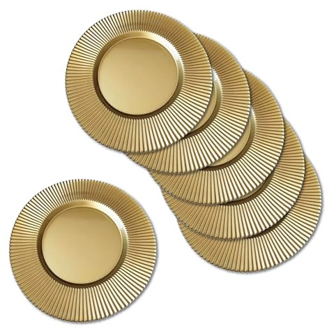Trimming Shop Decorative Charger Plates, Ribbed Edge Design Polypropylene Plates for Dinner Table Decoration, Weddings, Birthday, Party, Tableware, Catering Events, 33cm, Shiny Gold, 6pcs