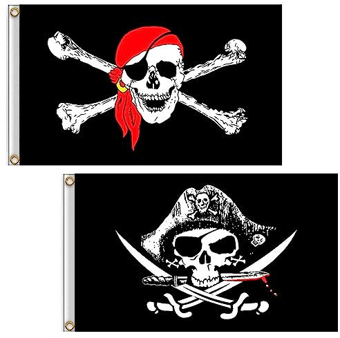 Piraten-Flagge, 2 Stück 90x150cm Jolly Roger Totenkopf Toter Mann Brust gekreuzte Knochen Skelett Polyester doppelt genäht für Piraten-Party Halloween Geburtstag Outdoor Dekoration
