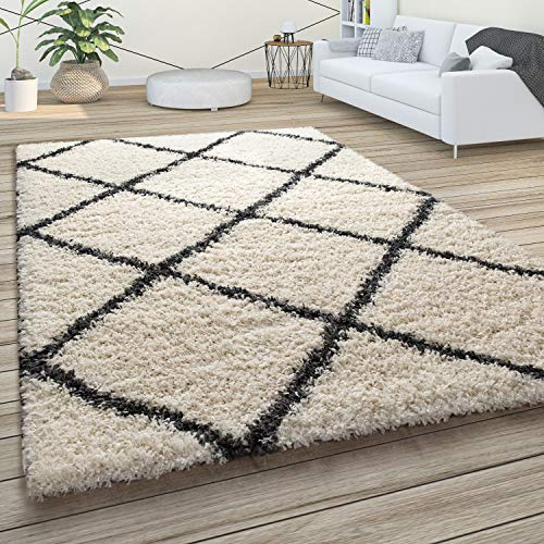 Paco Home Hochflor Teppich Wohnzimmer Schlafzimmer Shaggy Skandinavisch Rautenmuster, Grösse:150 cm Quadrat, Farbe:Creme