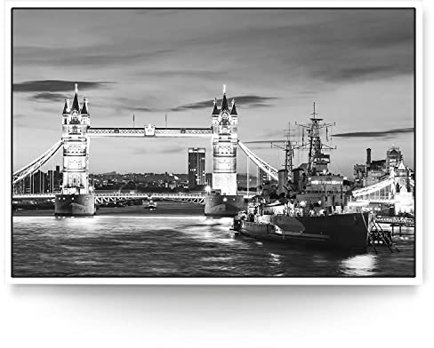 BilderKing Wandbild London Towerbridge schwarz/weiß - 120cm x 80cm Leinwand auf 2cm Keilrahmen mit Schattenfugenrahmen weiß