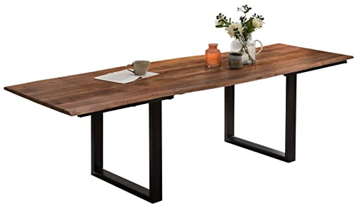 SAM Esstisch Adina 200(300) x100 cm Akazie nussbaum Baumkante U schwarz | Baumkantentisch massiv, Akazienholz nussbaumfarben, ausziehbar, 26 mm Tischplatte, mit 2 Ansteckplatten, Metallgestell