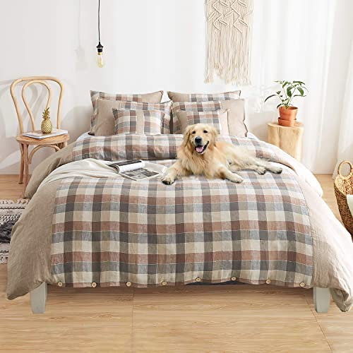 howdy textile 100% Linen Duvet Cover Set with Plaid Pattern - 3pcs (1 Duvet Cover with 2 Pillow Shams) with Button Closure Ultra Soft Breathable Farmhouse - Linen, King Size, Khaki
