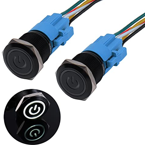 JIQI 2× 19mm Druckschalter 12V bis 24V 3A Wasserdichte Latching Schalter aus Aluminiumlegierung IP66 1NO1NC vorverdrahte schwarze EIN/AUS Schalter mit Power Symbol LED für Motorrad Boot LKW RV (Weiß)