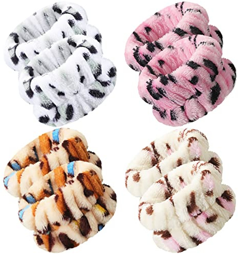 4 Pares Muñequeras de Spa Absorbentes Muñequeras de Lavar Cara Banda de Lavado de Muñeca Pulsera de Microfibra Coletero de Toalla para Mujer Evitar Líquido se Derrame (Color Leopardo, Estilo Elegante)