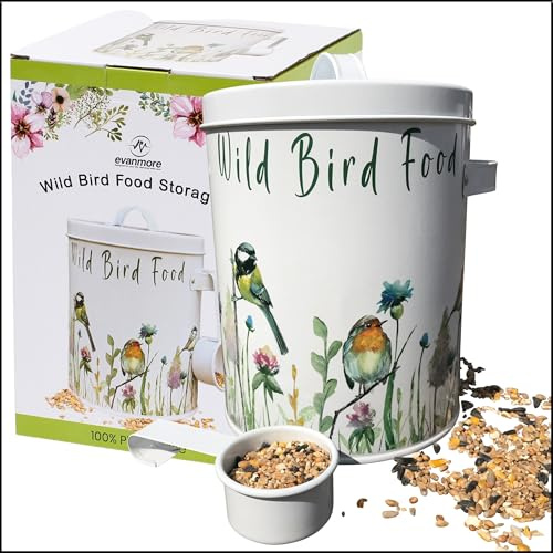 Wild Bird Food Storage Tin Garden Birds Seed Feed Metal Container 4L (2kg) Canister With Scoop Handle Gift Box Bird Seed Storage Tin
