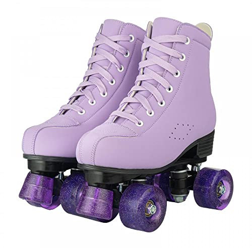 XUDREZ Damen Klassische zweireihige blinkende Räder Rollschuhe High Top PU-Leder Indoor/Outdoor für Anfänger (Lila, EU40)