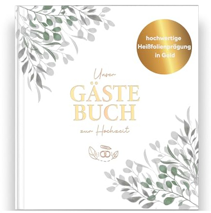 LEAF & GOLD® Gästebuch Hochzeit I Edles Hochzeitsgästebuch mit Fragen I Gästebuch zum Ausfüllen mit Goldfolienprägung (Grün, Gold)