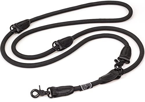 HUND ÄR KUNG hundkoppel justerbar 2,3 m | robust hundkoppel med säkerhetskabiner | runt koppel hund med läderlock | koppel hund 3-fack justerbar för medelstora och stora hundar svart