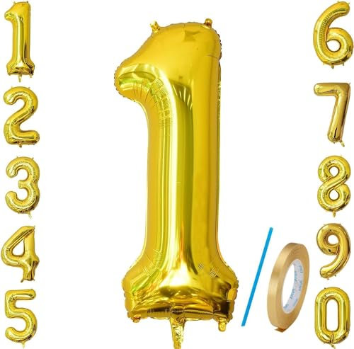 Number 1 Balloons Gold 40 inch, Jumbo Digital Foil Mylar Balloon for Birthday Party Wedding Anniversary Celebration Decoration