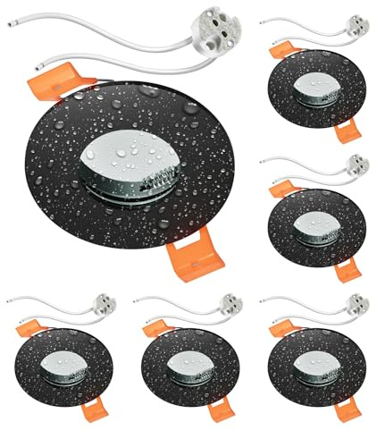 ledscom.de 6x Bad-Deckeneinbaurahmen ERID, Feuchtraum, Badezimmer, IP44, rund, schwarz matt, inkl. GU5.3 Fassung