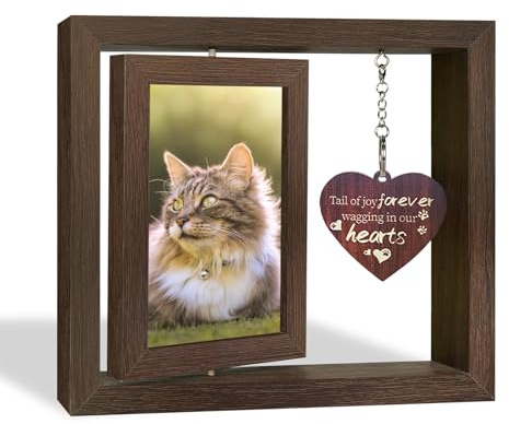 WINUSD Katzen-Gedenk-Bilderrahmen, Drehbare Walnussholz Katze Fotorahmen für 4x6 Foto, Haustier Katze Denkmal Sympathie Geschenke für den Verlust der Katze Gedenken Geschenk