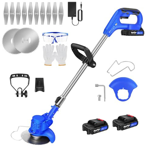 Akku Rasentrimmer mit Akku Teleskopierbar (Akku und Ladegerät) für Rasenschneiden Rasenpflege Auffahrt und Garten, Blau