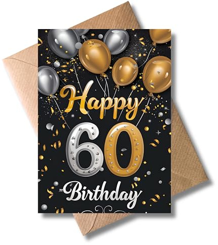 WBdesignz 60. Geburtstag Karte mit Umschlag - Elegante Geburtstagskarte 60 Jahre Happy Birthday Schwarz Gold Ballons 60ter Geburtstag - sechzig (DIN A6)