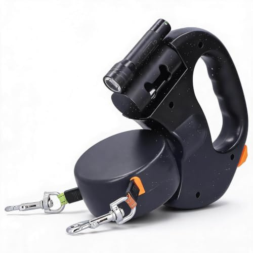 Correa Retráctil Doble para con Linterna para 2 Perros, Correa Giratoria de 360° sin Tirones con Dispensador para Perros y Gatos Pequeños y Medianos, Mango Ergonómico Cómodo