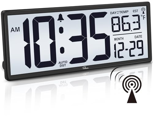 WallarGe 14.5'' Atomic Clock with Backlight, Large Digital Wall Clock Battery Operated, Large Display with Temperature and Date, Easy to Read and Set Digital Wall Clock, Auto DST