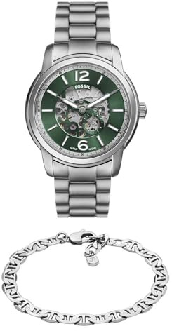 Fossil Herren Heritage Silber-Ton Edelstahl-Uhr und Armband, Set
