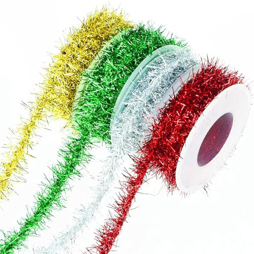 4Pcs Christmas Tinsel Garland, 4 Color Mini Tinsel Garland for Christmas Tree Decorations Tinsel, Twist Tinsel Garland Decoration for Christmas Tree DIY- Birthday Party Wedding Decorations