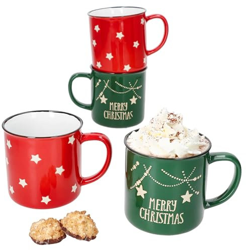 MamboCat Emma Lot de 4 tasses jumbo I 400 ml I Grandes tasses en faïence avec décor rouge et vert I 4 personnes I pour vin chaud, café, latte macchiato & autres I Noël