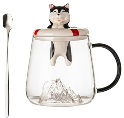 Tazas para perros para amantes de los perros, taza de café multifuncional de dibujos animados, tazas de café de animales con cuchara y tapa, tazas coloridas para jugo, leche, chocolate caliente